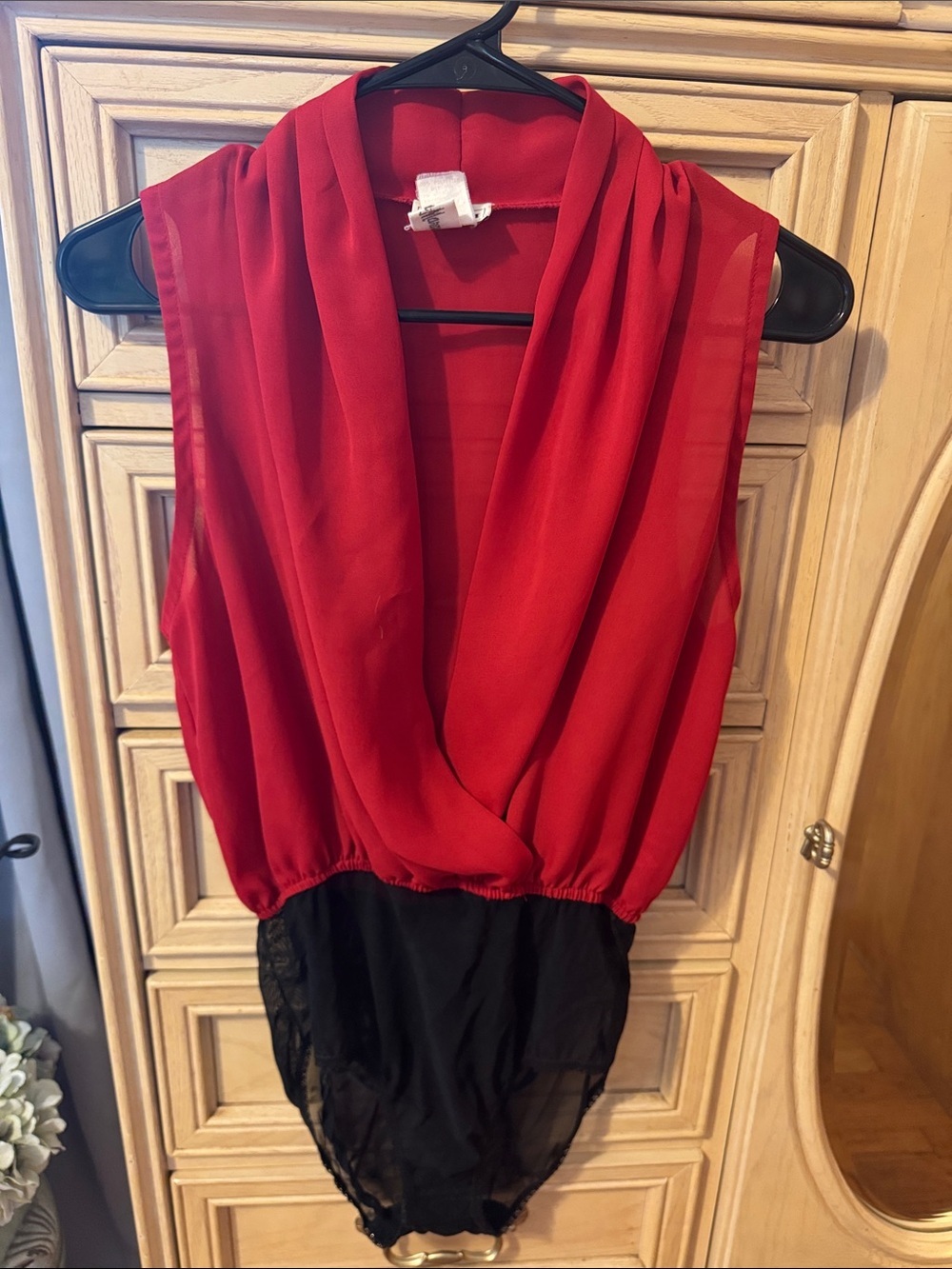 Vintage Neiman Marcus Natori Red and Black Draped V-Neck Sleeveless Bodysuit.